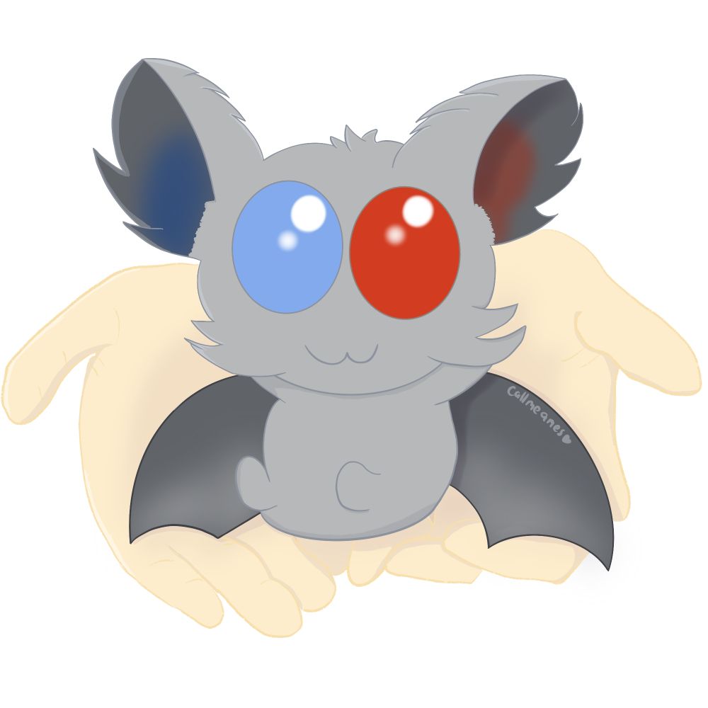 a digital painting of a chibi styled gray bat with blue and red eyes sitting in the palms of two outstretched hands. 