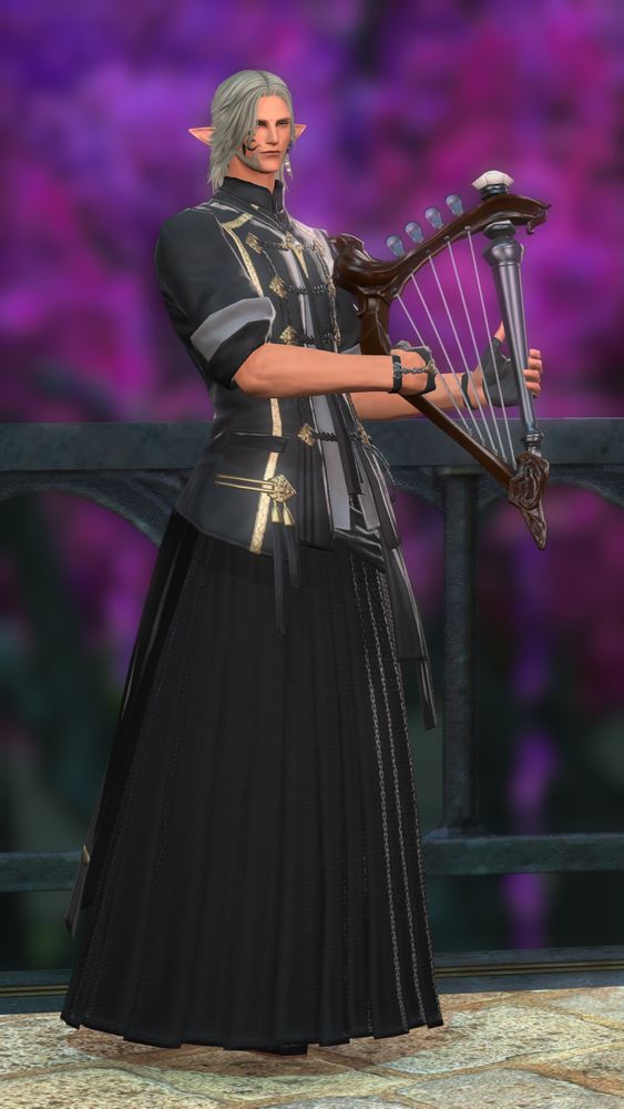 Urianger dressed in a Royal Seneschal jacket and long black skirt, harp in hand, before a black wrought iron railing with purple foliage in the background.