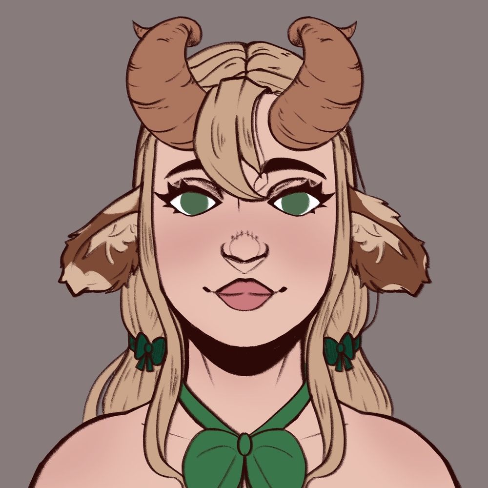 cowgirl with ashy blonde hair in low twin tails with bows around them. she has spotted cow ears and horns from her forehead. her ryes are green and she has a green bow around her neck
