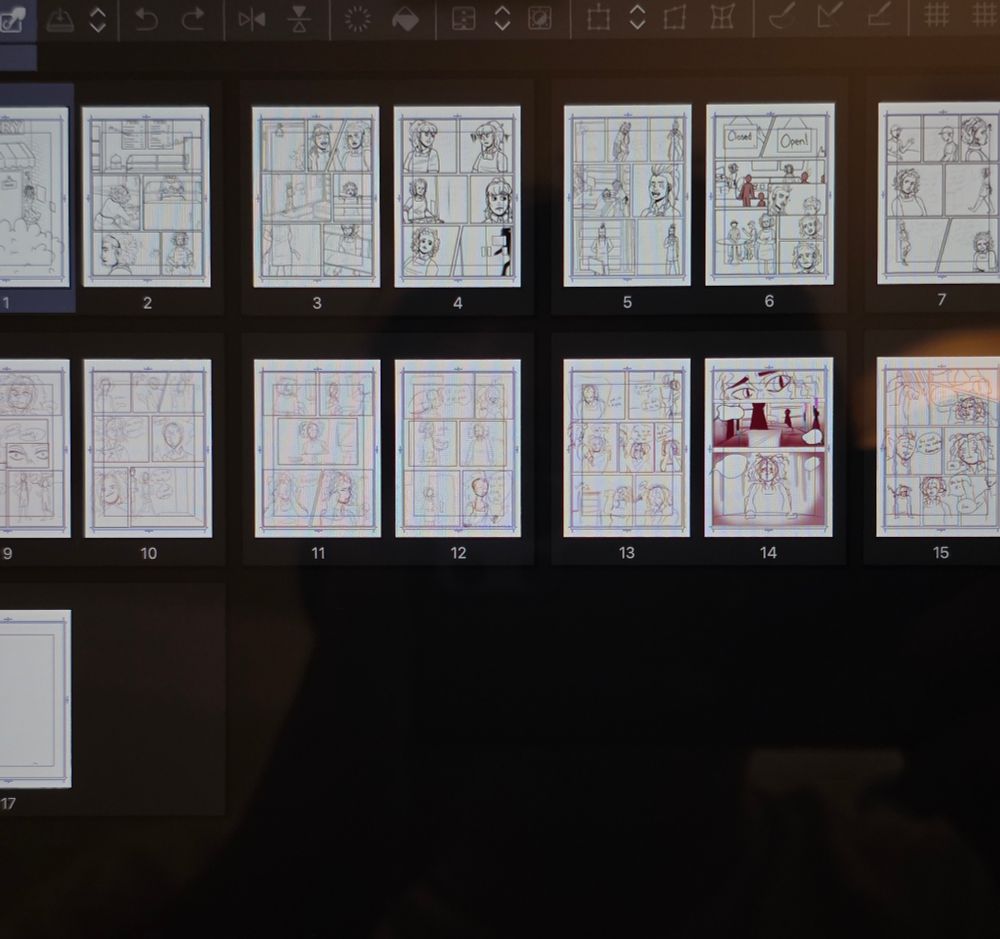 A spread of Comic pages, some are inked and some are just sketches.
