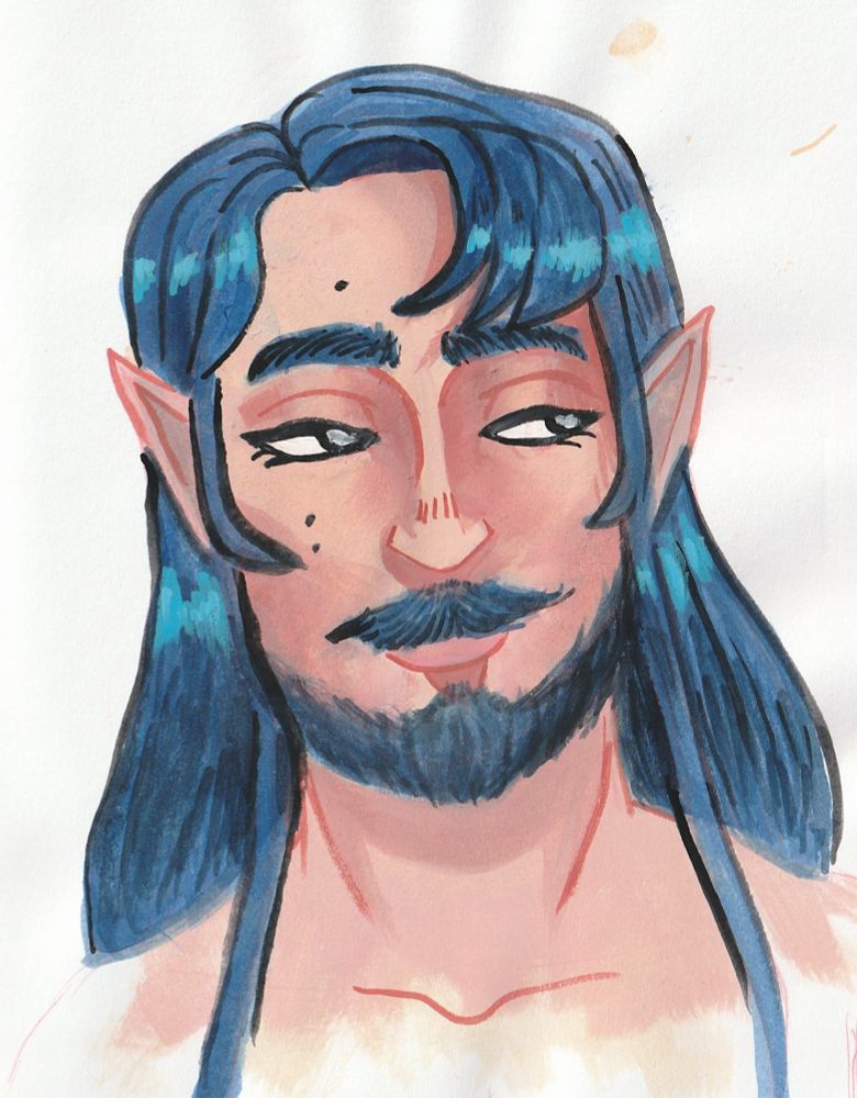 an elven man with dark blue hair, mustache, and beard. He is pained with goauche traditonally. He has a big bushy mustache and eyebrows. His hair is longer than his shoulders. 