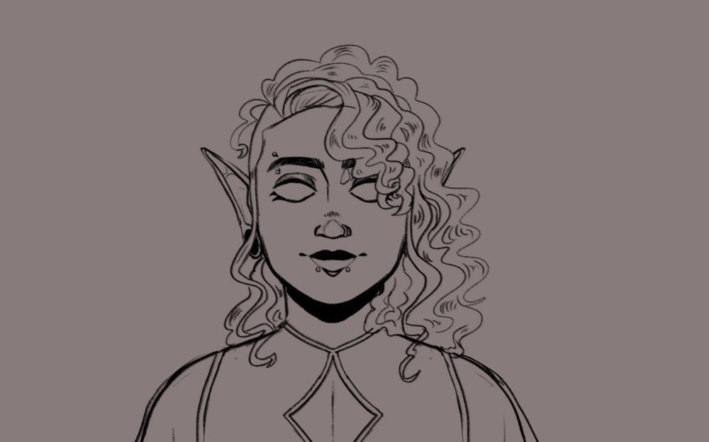 new sona design: front facing person with long curly hair with elf ears. they have snake bites, a nose ring, and eyebrow piercings. There are gauges and a shirt with a chest window in a diamond like shape
