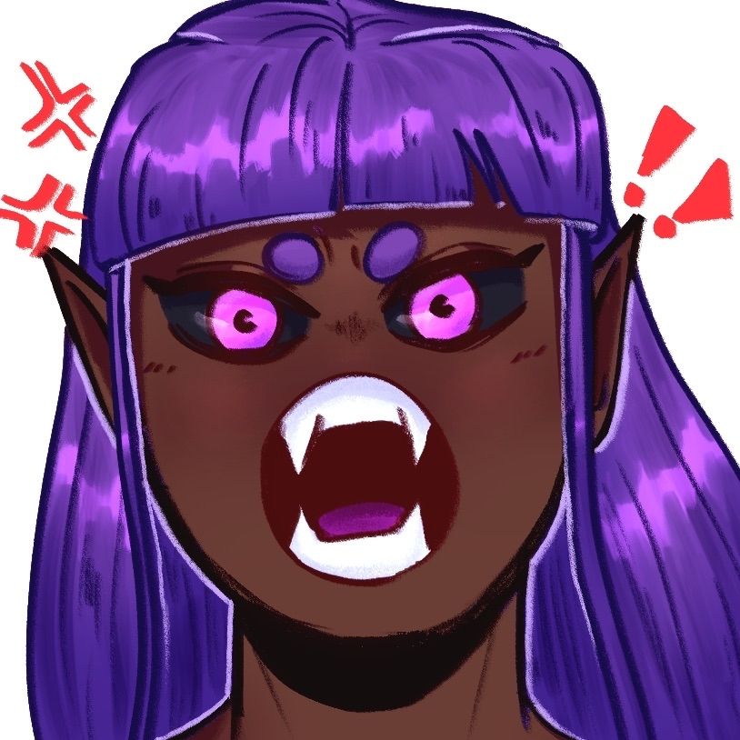 an emote of Lucy angry. She is an elf with dark skin, her mouth is open with sharp canine teeth showing. Her hair is long and purple, her eyebrows are just smaller purple dots towards the insides. Her eyes are black and pink in the middle. She is mad