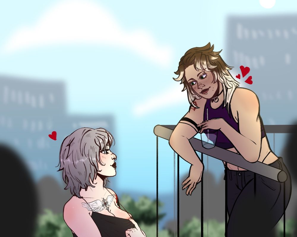 A woman (with medium length choppy brown hair and bleached blonde tips) is leaning over a railing and staring down at a woman (who has shoulder length silver hair and a tattoo on her chest with a cross and wings) who is slightly flashing her. They both have hearts drawn next to them, the background is a busy park in a city kind of situation.