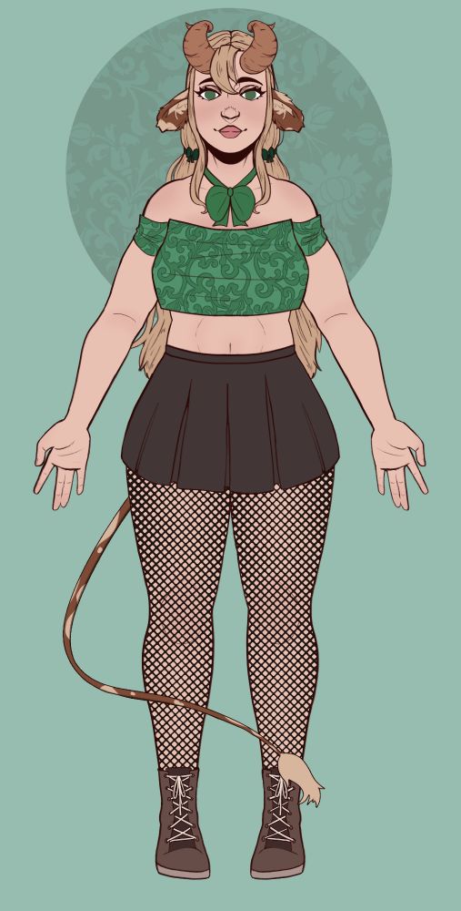 Basil, a cowgirl with ashy blonde hair in low twintails with small bows. She has light brown horns and spotted cow ears and a tail. She is wearing a small off the shoulder green top and a small black miniskirt. She has black fishnets and brown boots. 