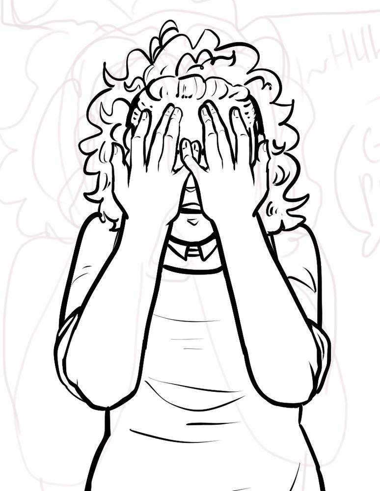 A person with curly hair has their hands on their face, facing foward.