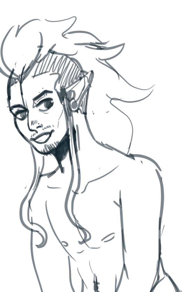 sketch of an oc of mine, arin. he has a mohawk, pretty skinny, and naked. The sketch is of the waist up but you can still see a happy trail. he is smiling.