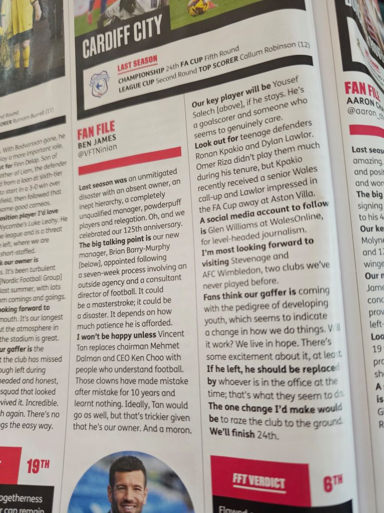 Cardiff entry in 442 season preview. The fan interviewed says the one change he'd make would be "to raze the club to the ground". 