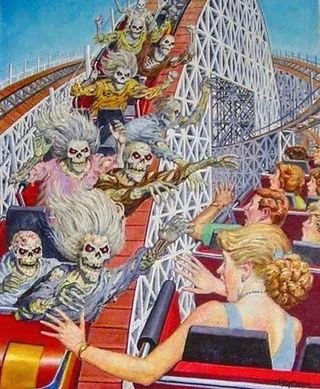 Some normal people on a roller coaster are gazing in fear & horror at a set of cars coming back the other way with evil red-eyed skeleton people in them
