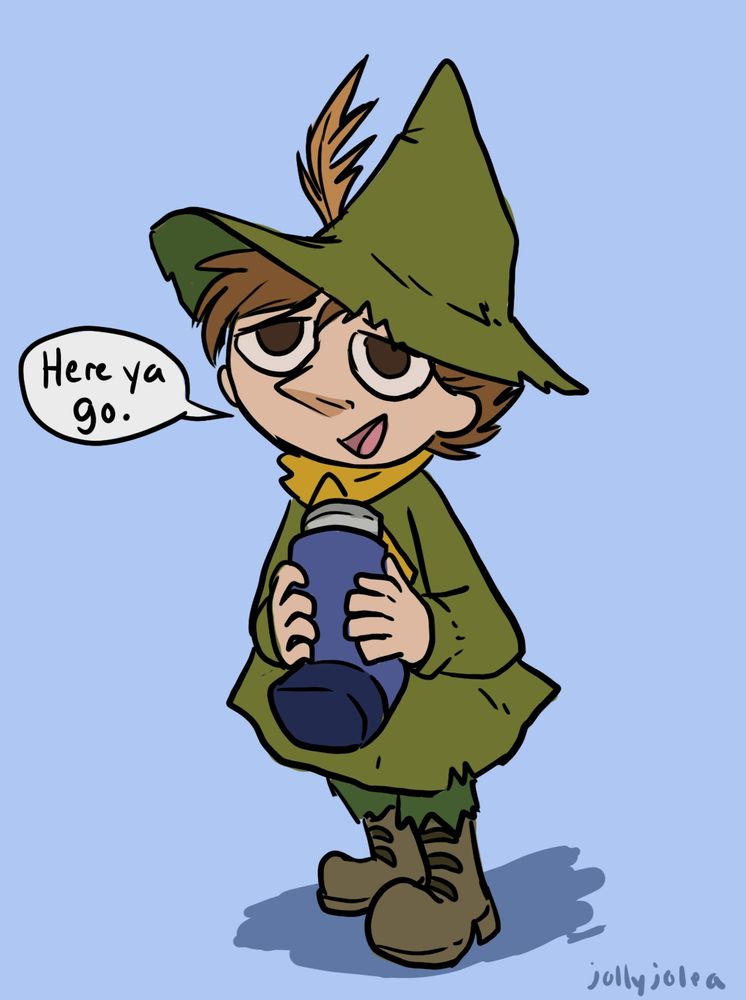 Snufkin from Moomin holding a comically large inhaler, saying "Here ya go."