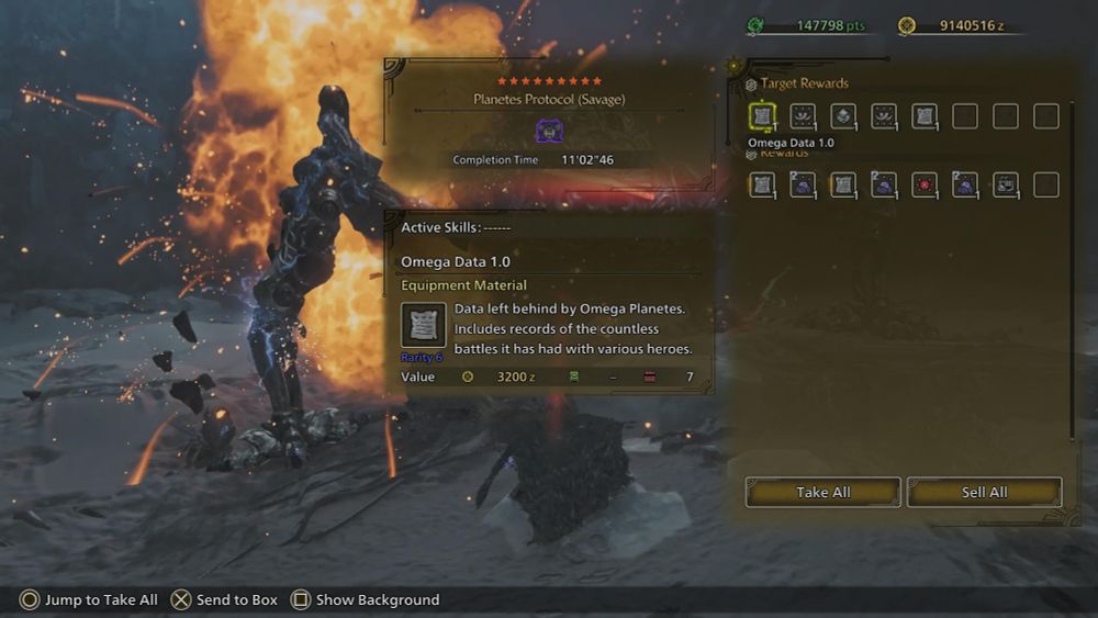 A screenshot of our end screen for killing Omega Planates Savage with loot and time spent as well as other stats shown.