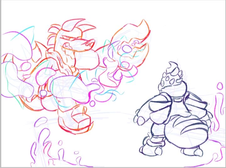 Digital sketch WIP of Karkinos making a special move against Aedes (He/It)
Karki is charging an attack with their mechanical arm, water and electricity effects float around in their general direction 