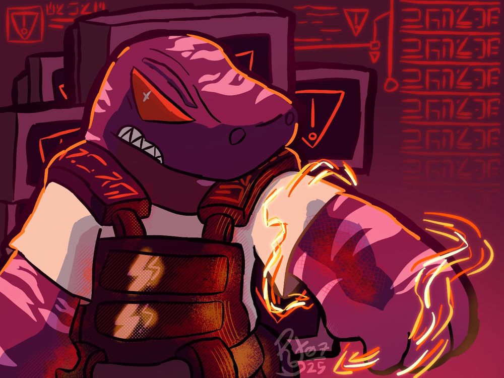 A halfbody drawing of UY Scuti (They/It) looking towards the viewer in a menacing and angry expression, with one of their arms slightly lifted while a bunch of red electric bolds surround it

You better run