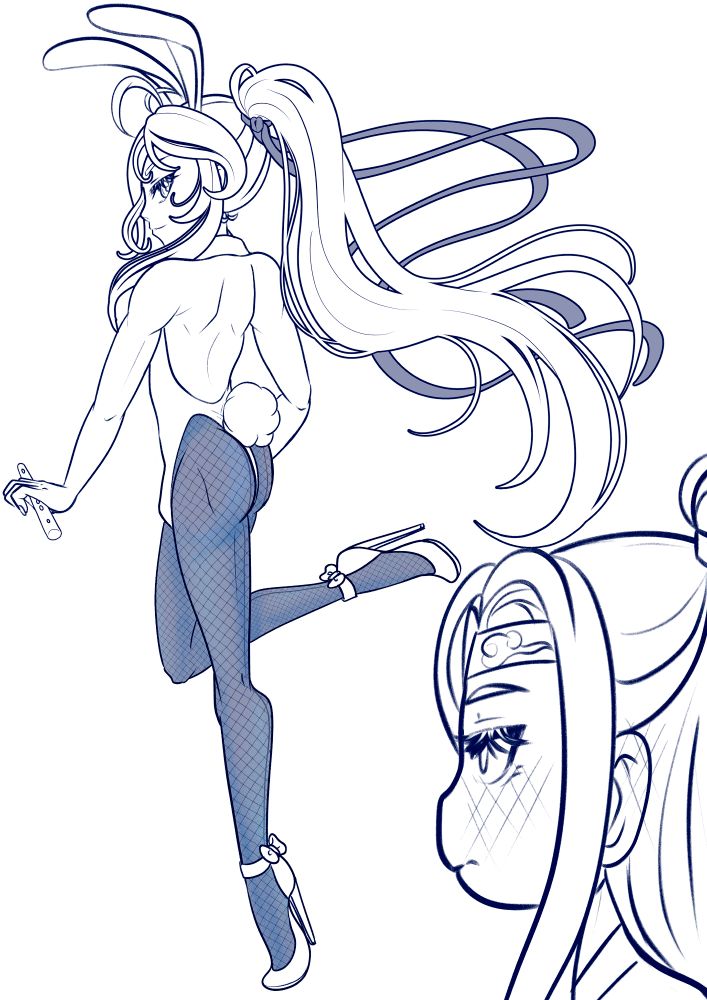 Wei Wuxian in a bunny suit, pulling a flirty pose. Lan Wangji in the corner blushing. 