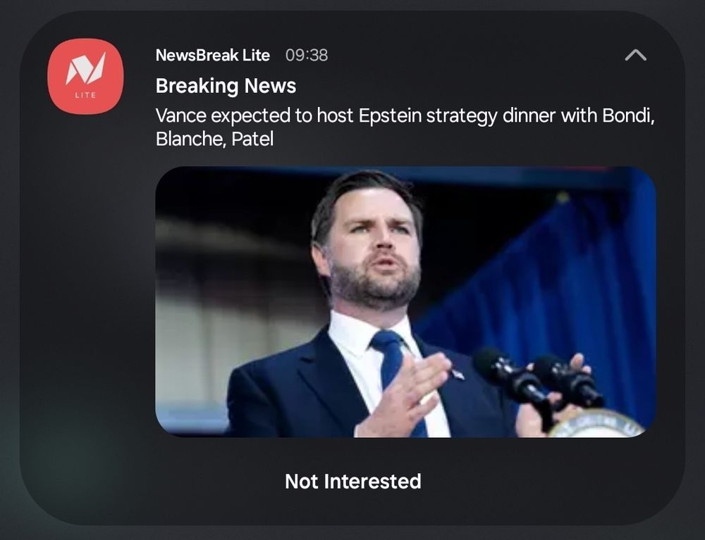 A screenshot of a headline saying Vance is expected to host Epstein strategy dinner with Bondi, Blanche, Patel