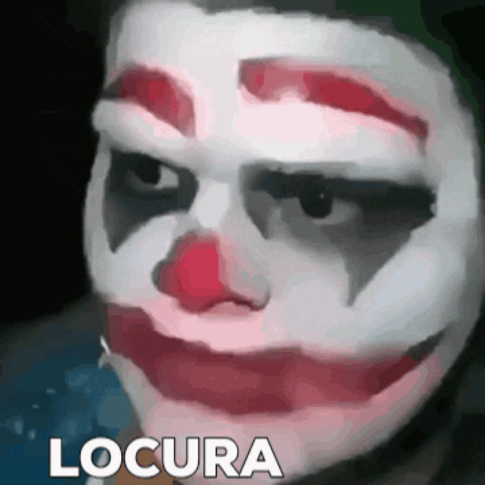 a close up of a clown 's face with the word locura written below it .