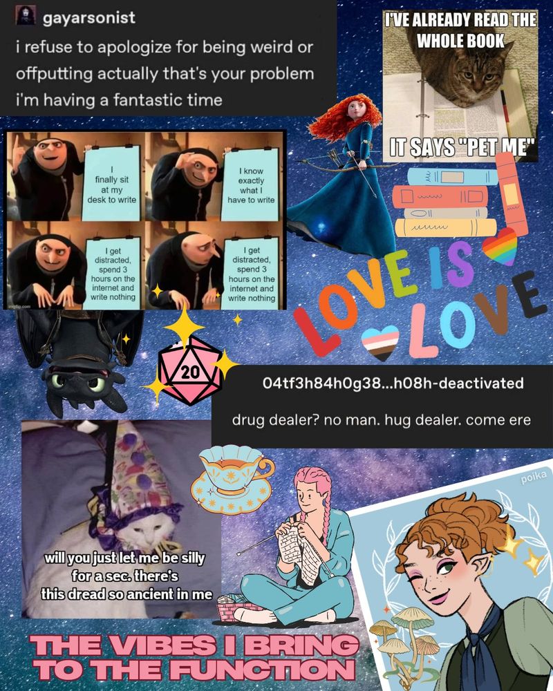 Image is a collage: one image reads "I refuse to apologise for being weird or off-putting actually that's your problem I'm having a fantastic time", there's a meme of a cat on a book with words saying "I've already read the whole book, it says Pet Me", there are images of Merida from Brave and Toothless from HTTYD, a teacup, a D20 die, a comic of someone with pink hair knitting, a graphic that reads "love is love" in pride colours, a stack of books, a Gru meme about sitting down at a desk to write and then not writing for three hours, a meme of a cat in a wizard hat that says "will you just let me be silly for a sec, there's this dread so ancient in me", and a cartoon image of Meg in a green shirt winking. At the bottom it says "the vibes I bring to the function" and the background is a galaxy