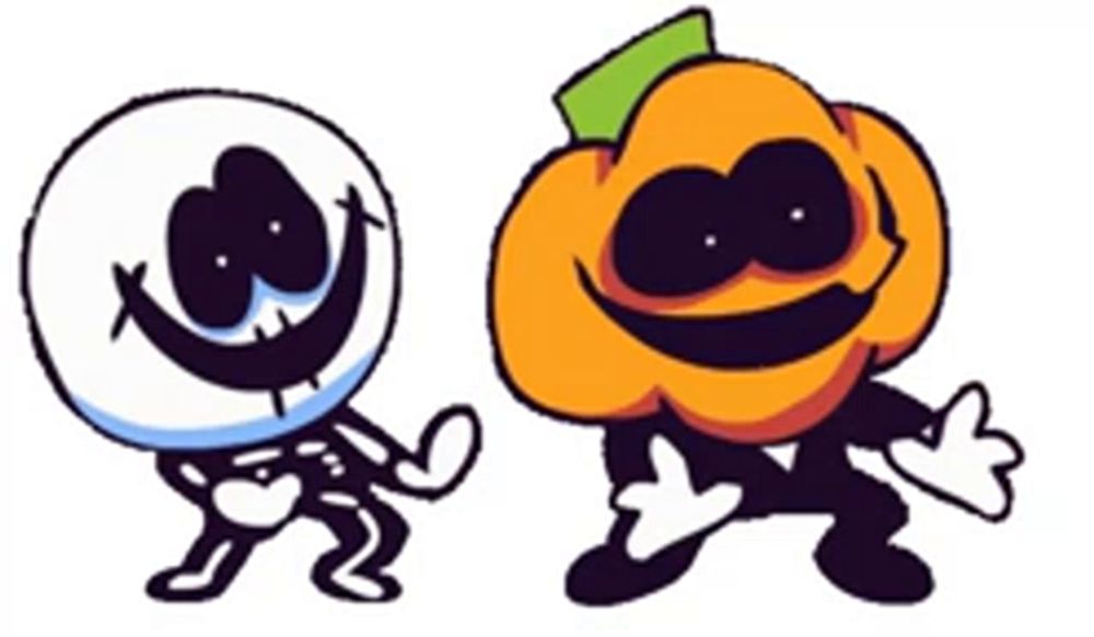 a skeleton and a pumpkin are standing next to each other and smiling .