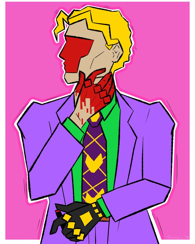 A stylized drawing of Yoshikage Kira from JoJo's Bizarre Adventure. The sharp, angular drawing pops in a most obnoxious manner, with all sorts of neon pink, light purple and bright yellow taking center stage. A bright red 'mask' is over part of Kira's face, and his hand drips with squared off, angled blood.
