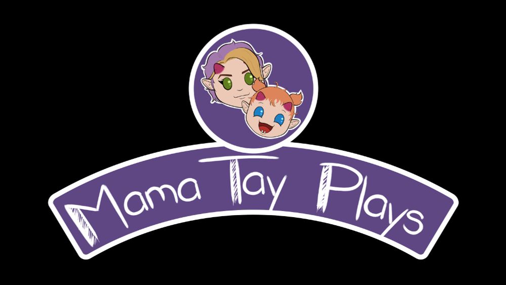 A banner logo for Tay's new YouTube channel. A curved purple banner with a white outline reads "Mama Tay Plays" in white handwriting. A matching circle is nested above it, with a cartoon drawing of Tay and her toddler daughter, lovingly dubbed 'Tiny Satan.'