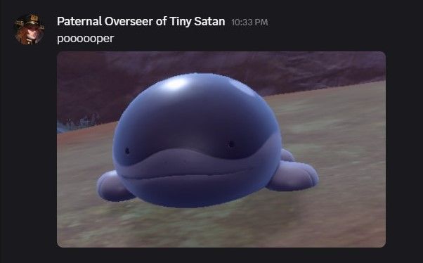 A screenshot of a Discord conversation, on a dark grey background. Tay's husband, nicknamed "Paternal Overseer of Tiny Satan" says 'poooooper' with a picture of Paldean Clodsire from the Pokemon games.