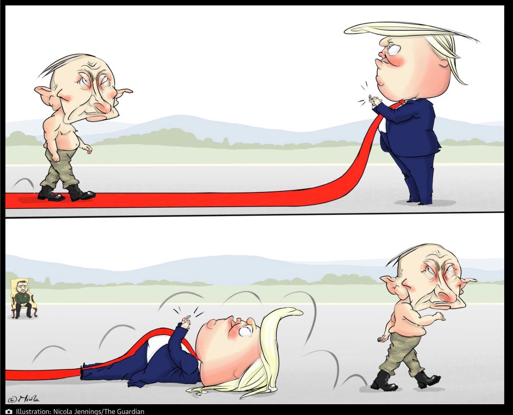 Guardian cartoon shows putin walking over trump using trump's long red tie as a red carpet 