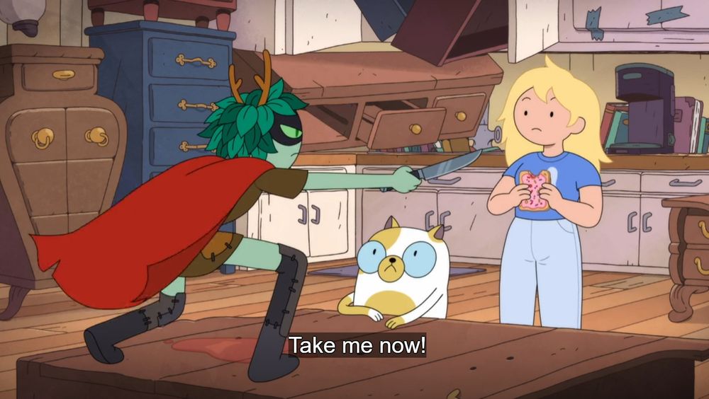 Huntress Wizard holding Fionna at knife-point, demanding that she "TAKE HER NOW"

She means to a really old tree in the city, but out of context it's :blushing_emoji: