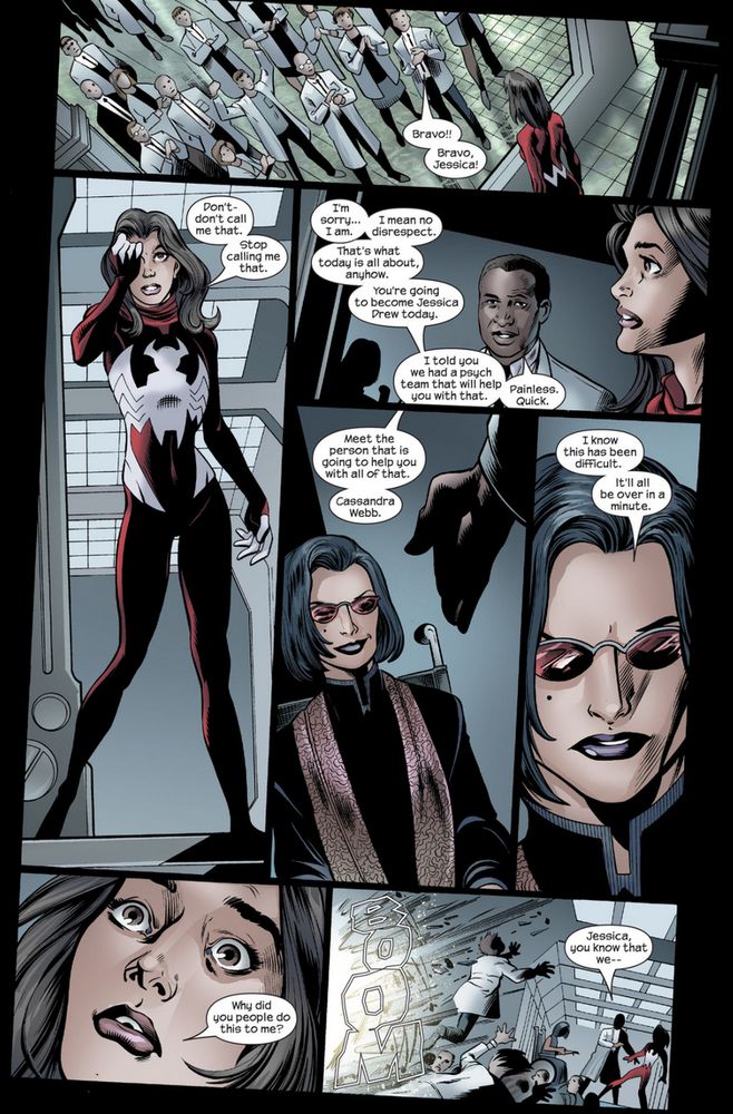 Comic Panel where Jessica Drew (really a female clone of Peter Parker) is called Jessica Drew, she doesn't like that, and they bring in a Madame Web who is a psychic who is going to "help her become Jessica Drew"