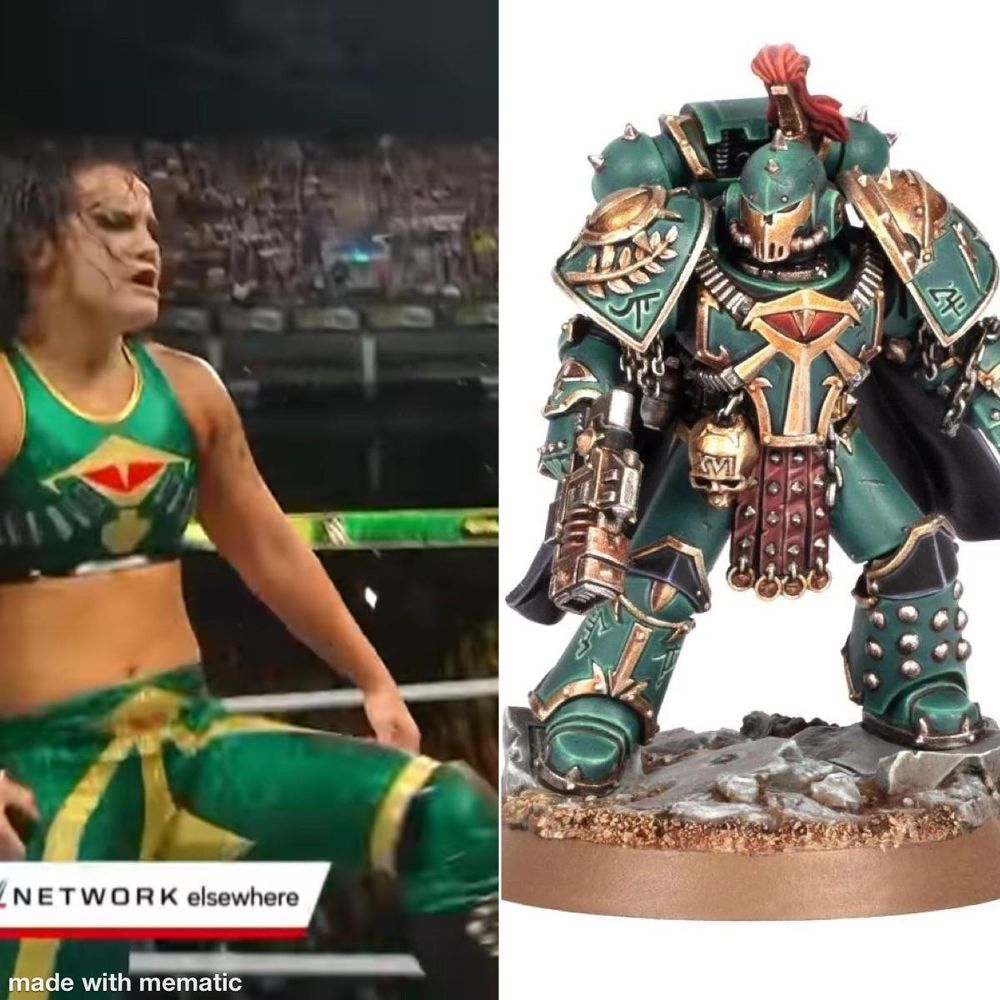 Shanny Baz dressed in Green and Gold as a member of the Sons of Horus legion of Space Marines. Opposite an example of said regalia.