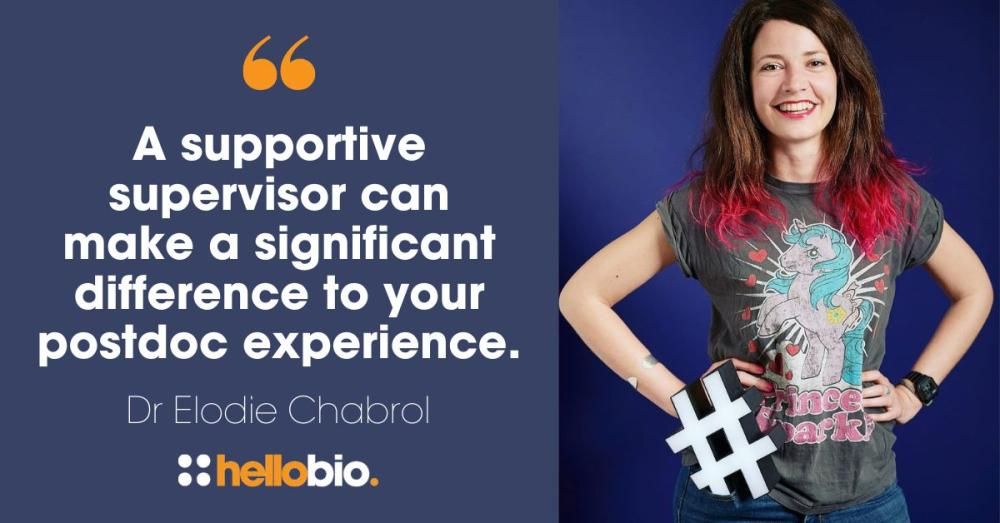 Image featuring a quote: 'A supportive advisor can make a significant difference to your postdoc experience.' Attributed to Elodie Chabrol. The image includes the HelloBio logo and shows Elodie Chabrol with pink hair tips, wearing a My Little Pony T-shirt, holding a large hashtag symbol in her pocket.