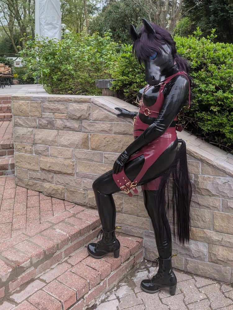 A heavy rubber pony outdoors on the stairs