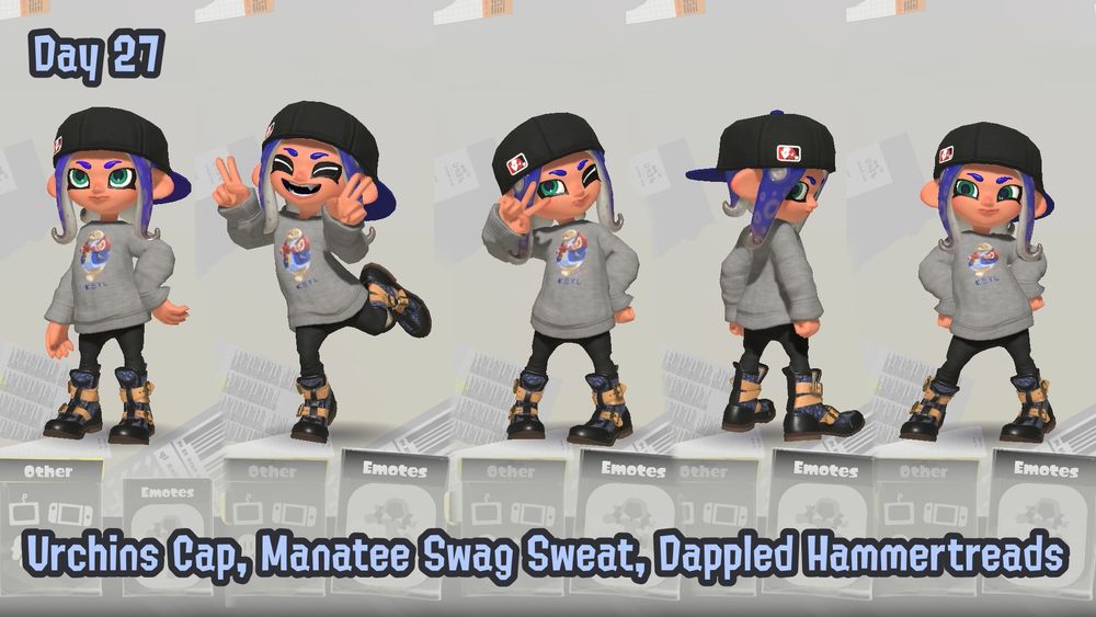 A screenshot of my octoling in Splatoon 3, in five poses; the base equip screen pose, and the Spring-Loaded, MVPleased, Backflip Atcha, and Victory Twist emotes. She is wearing the Urchins Cap, Manatee Swag Sweat, and Dappled Hammertreads.