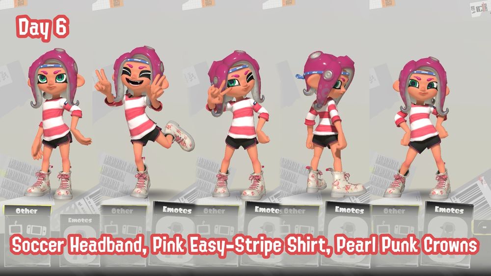 A screenshot of my octoling in Splatoon 3, in five poses; the base equip screen pose, and the Spring-Loaded, MVPleased, Backflip Atcha, and Victory Twist emotes. She is wearing the Soccer Headband, Pink Easy-Stripe Shirt, and Pearl Punk Crowns.