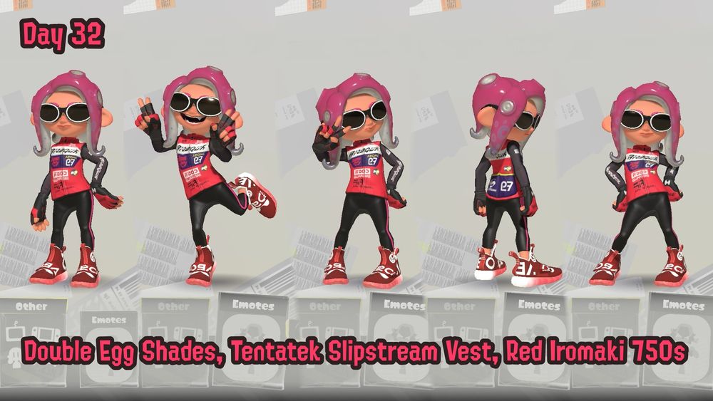 A screenshot of my octoling in Splatoon 3, in five poses; the base equip screen pose, and the Spring-Loaded, MVPleased, Backflip Atcha, and Victory Twist emotes. She is wearing the Double Egg Shades, Tentatek Slipstream Vest, and Red Iromaki 750s.