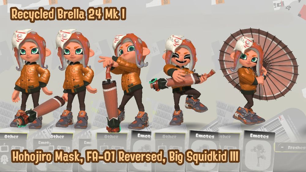 A screenshot of my octoling in Splatoon 3, wielding the Recycled Brella 24 Mk I. She is wearing the Hohojiro Mask, FA-01 Reversed, and Big Squidkid III.