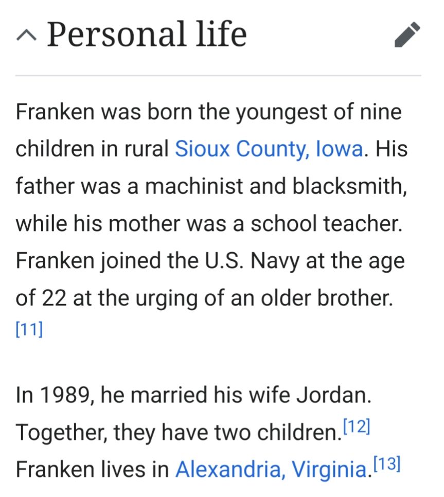 A screenshot of the "Personal Life" section of the Wikipedia page of Admiral Mike Franken. The part important to this discussion does not mention losing his father in World War 2, but only says "His father was a machinist and blacksmith, while his mother was a school teacher."