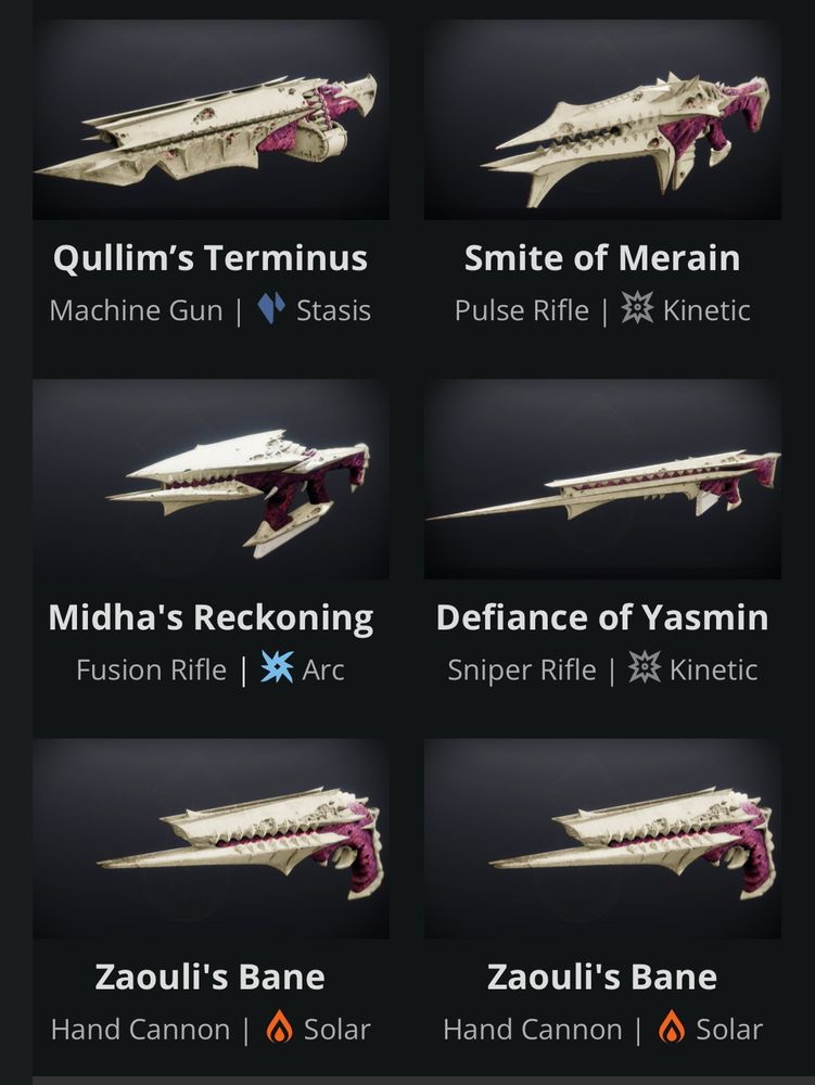 Picture of the weapons from Destiny’s Kings Fall raid, bone-coloured spiky chitin over purple-pink fleshy components.