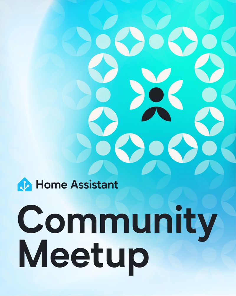 A vertical social graphic created for general meetups for the community, identical to the calendar's banner on Luma. In the top 2/3rds of the image is a person made with shapes that look like leaves and a circle in black, surrounding by white leaf shapes around it on our on brand blue color palette - some of the shapes look like other people. At the bottom in large black text reads "Home Assistant Community Meetup".