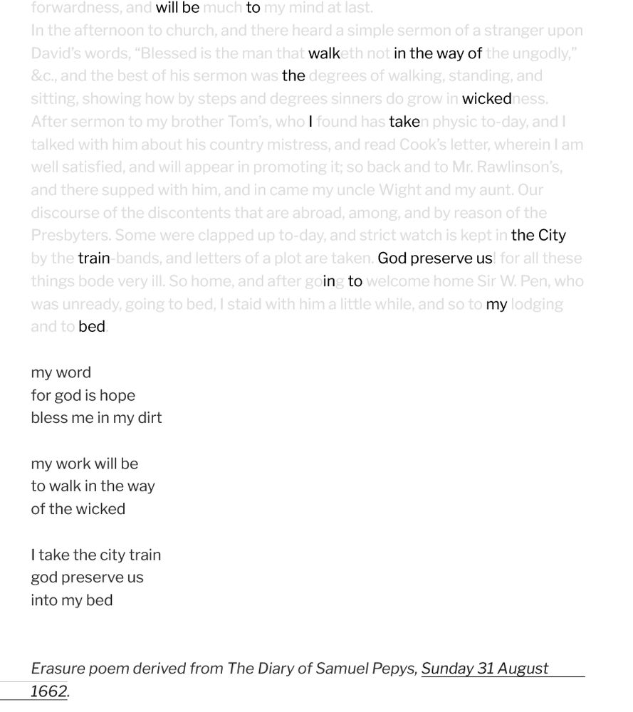 my word
for god is hope
bless me in my dirt

my work will be
to walk in the way
of the wicked

I take the city train
god preserve us
into my bed