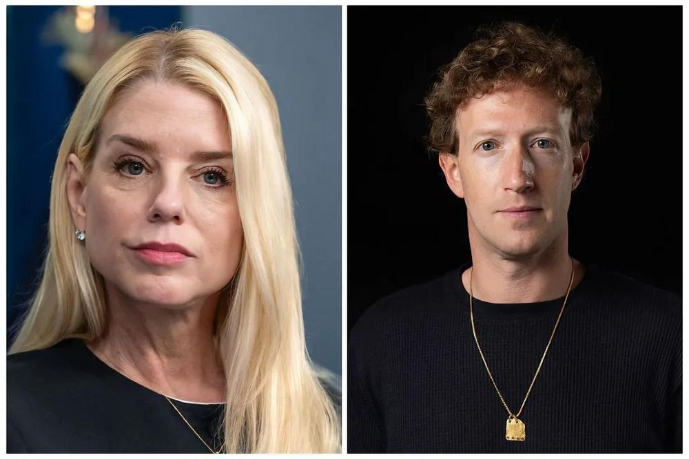 Side-by-side image comparison of Pam Bondi and Mark Zuckerberg. On the left, Bondi has long blonde hair, wears a black top and a gold necklace with a rectangular pendant, set against a blurred blue background. On the right, Zuckerberg has short curly hair, wears a dark sweater and a similar gold necklace, with a black background. Both face forward, highlighting their contrasting styles and matching accessories. The visual pairing suggests satire or commentary through unexpected comparison.
