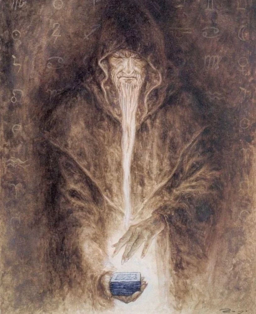 a wizard-like figure in a cloak holds a deck of cards, ready to draw the card on top