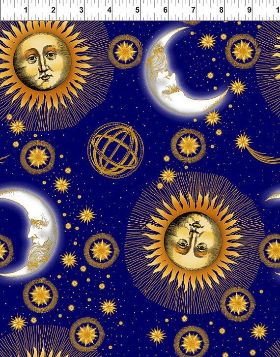 once again another take on the new age style golden sun, moon, and stars on a blue background 
