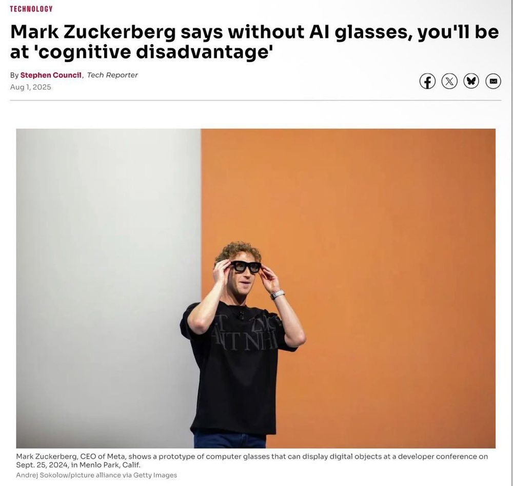 headline: Mark Zuckerberg says without Al glasses, you'll be at 'cognitive disadvantage'
