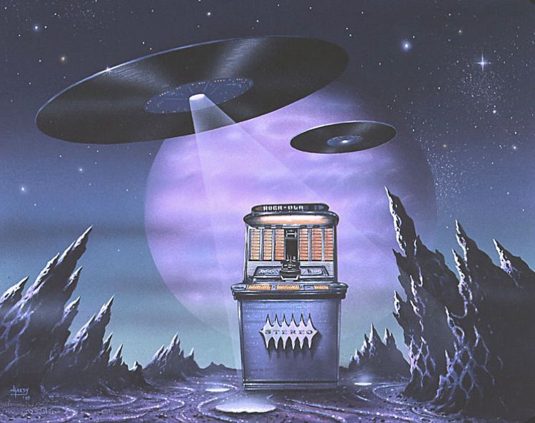 retro sci-fi art of ufos that are vinyl records coming to abduct a jukebox 