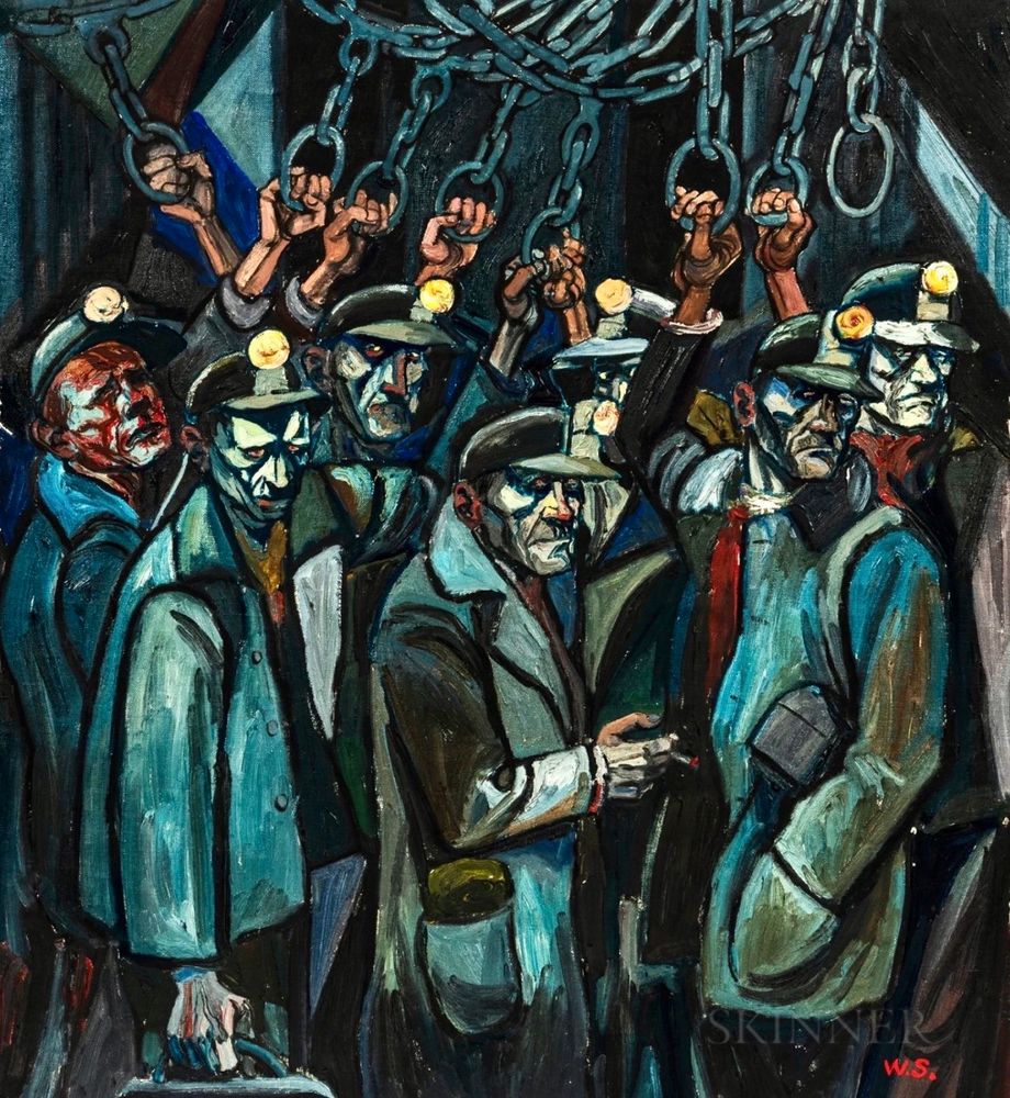 expressionist painting of miners about to descend below the surface 