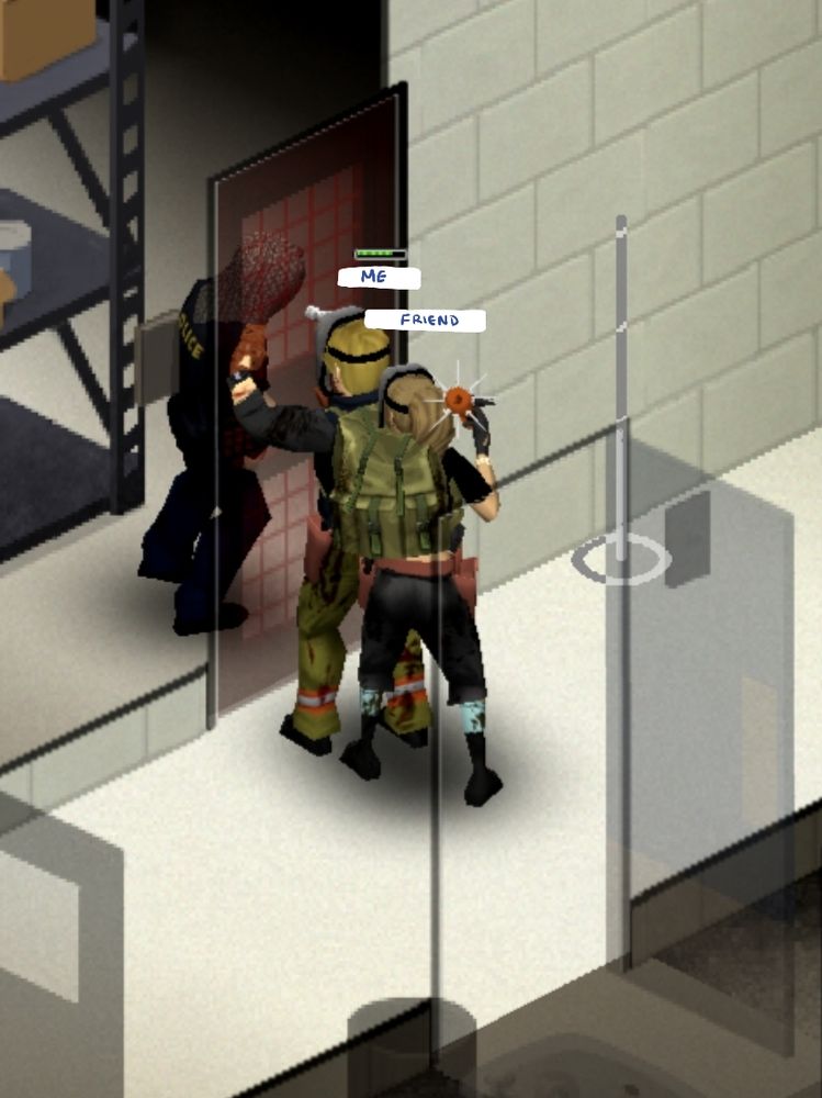 Screenshot of project zomboid where I am hammering a door wearing a welders mask, my friend is standing behind me weilding a baseball bat with nails in it, and a zombie waits patiently behind the door while I disassemble it. 
