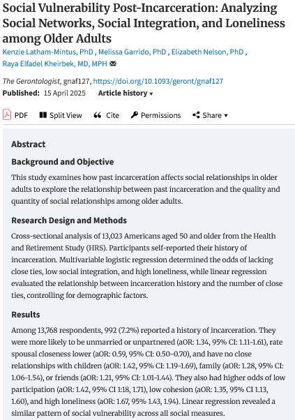 Background and Objective

This study examines how past incarceration affects social relationships in older adults to explore the relationship between past incarceration and the quality and quantity of social relationships among older adults.
Research Design and Methods

Cross-sectional analysis of 13,023 Americans aged 50 and older from the Health and Retirement Study (HRS). Participants self-reported their history of incarceration. Multivariable logistic regression determined the odds of lacking close ties, low social integration, and high loneliness, while linear regression evaluated the relationship between incarceration history and the number of close ties, controlling for demographic factors.
Results

Among 13,768 respondents, 992 (7.2%) reported a history of incarceration. They were more likely to be unmarried or unpartnered (aOR: 1.34, 95% CI: 1.11-1.61), rate spousal closeness lower (aOR: 0.59, 95% CI: 0.50-0.70), and have no close relationships with children (aOR: 1.42, 95% CI: 1.19-1.69), family (aOR: 1.28, 95% CI: 1.06-1.54), or friends (aOR: 1.21, 95% CI: 1.01-1.44). They also had higher odds of low participation (aOR: 1.42, 95% CI 1:18, 1.71), low cohesion (aOR: 1.35, 95% CI 1.13, 1.60), and high loneliness (aOR: 1.67, 95% 1.43, 1.94). Linear regression revealed a similar pattern of social vulnerability across all social measures.
Discussion and Implications

Older adults with a history of incarceration are at increased risk of social isolation and loneliness. Targeted interventions could improve their social integration and well-being.