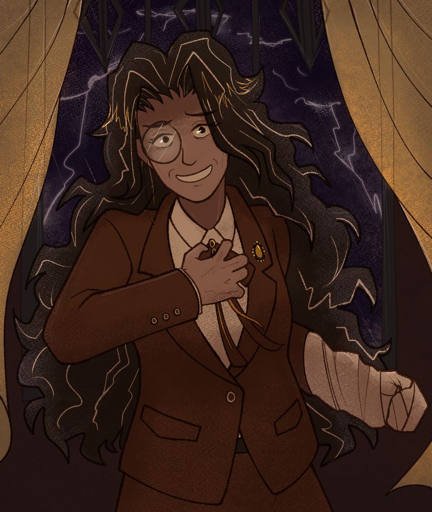 josephine from limbus company, standing in front of a window in wuthering heights. the cloth she usually has around her arm is rolled up in her hand. yellow curtains billow behind her, and lightning illuminates the surroundings.