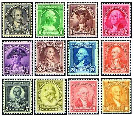 A multi-color, 4x3 grid of stamps picturing various portraits of George Washington.