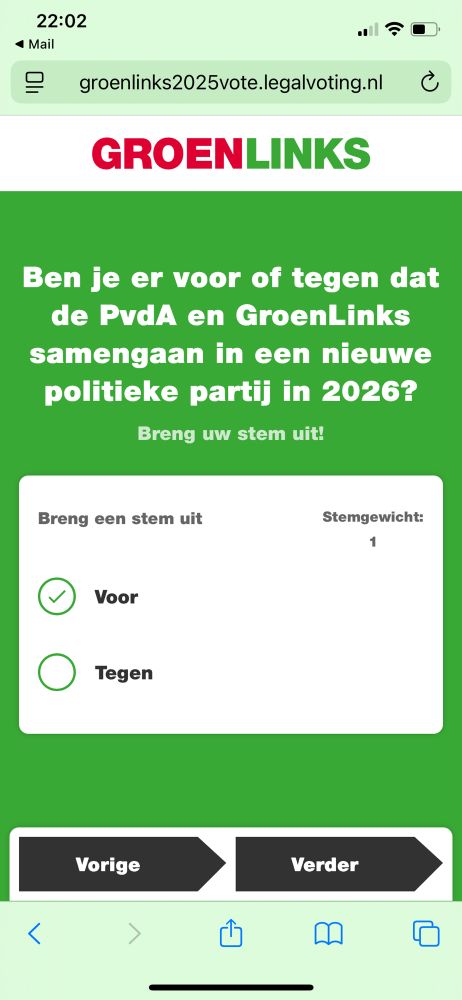 Screenshot van stemformulier over de vraag of je voor of tegen samengaan van GroenLinks en Pvda in 2026 bent. Ik heb “voor” ingevuld. 
